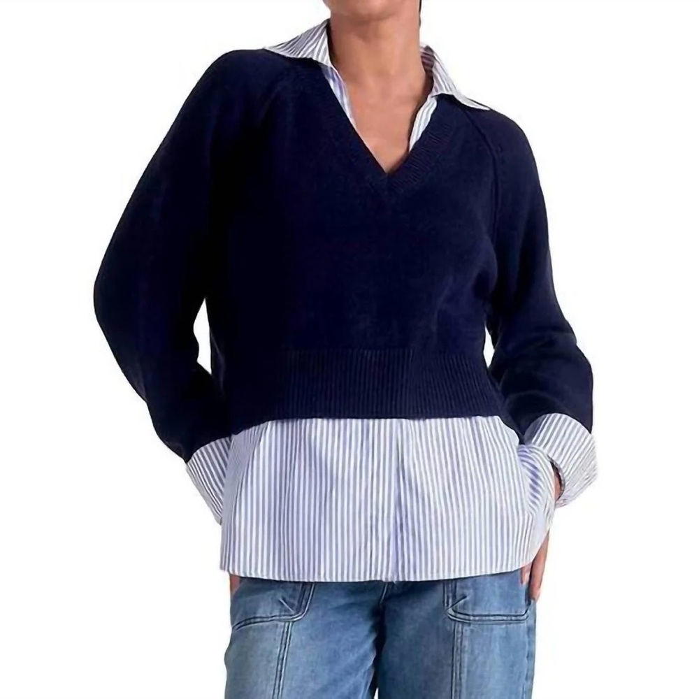 Elan | Crossover Striped Collar Layered Sweater - Navy M